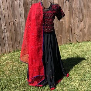 Black and Red Choli, Lengha and Dupatta Set With Shisha Mirror Embroidery